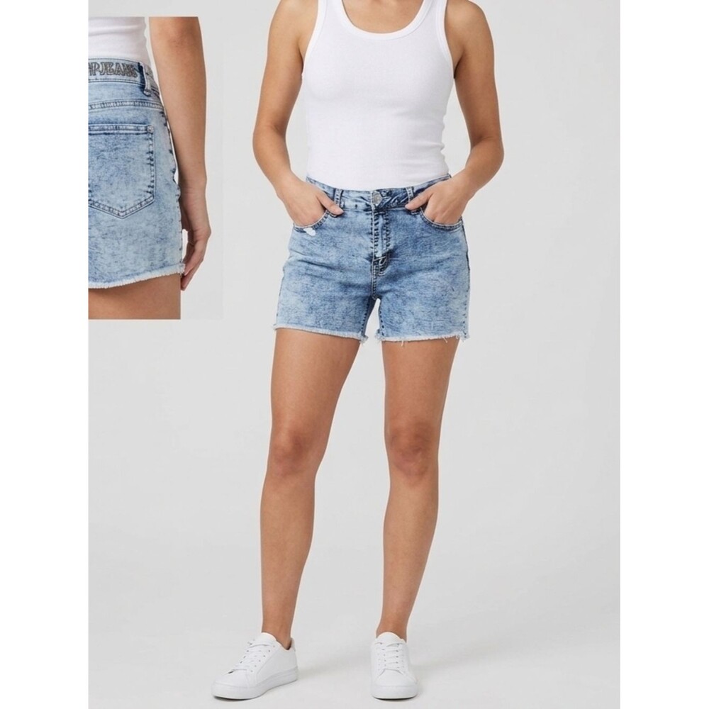 High-Rise Light Blue Acid-Wash Denim Shorts - Women VIP Jeans